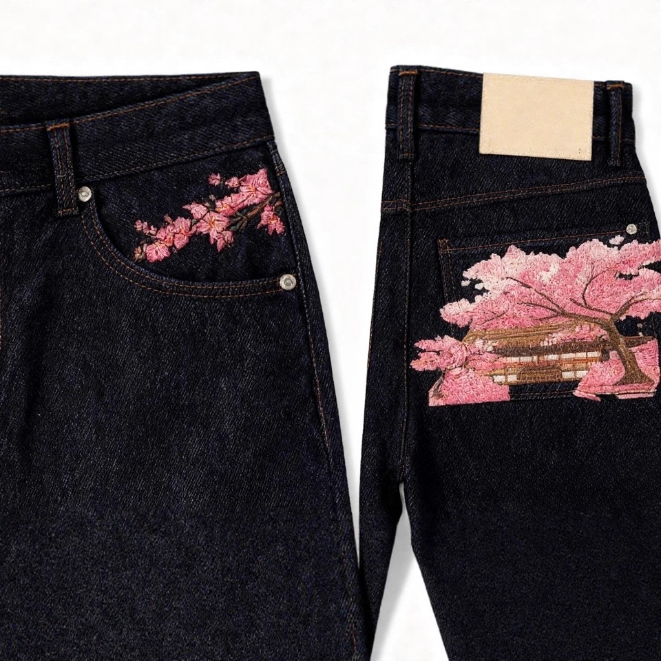 Millenial Europa y América cruzando fronteras estilo americano retro estilo de tendencia Jeans Harajuku flores de cerezo bordadas pantalones casuales