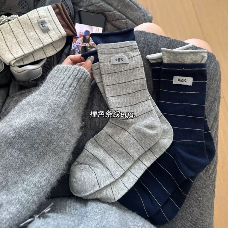 Double Cuff Egg Cloth Label Socks for Women, College Style Versatile Letter Slouch Socks, Ins Korean Simple Striped Color-Blocking