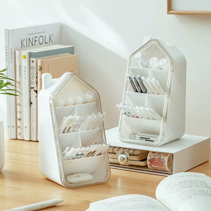 现货桌面学生文具斜插式房子造型笔筒大容量分区塑料收纳盒