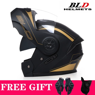 Motosiklet kaskı (dəbilqə) — Helmets, Dual-Lens Flip-Up Helmets, Riding - black-gold-transparent-lens-comes-with-mask-gloves-s55-56