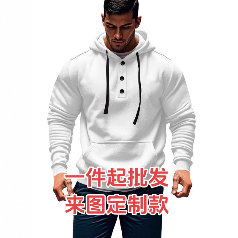 Cross-Border New Men's Japanese Fabric Velvet Button Hooded Henry Button Loose Casual Long-Sleeved Sweatshirt with Pictures