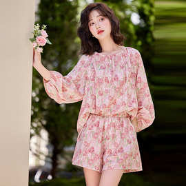 夏装新款韩版防晒凉爽宽松花色上衣短裤度假风时尚套装YL676