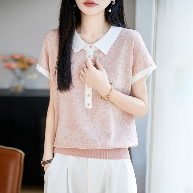 2026 New Style Lapel Jacquard Knitted Short-Sleeved T-Shirt for Women Summer Thin Ice Silk Knitted Shirt Plus Size Women's Top 2026 New Style Lapel Jacquard Knitted Short-Sleeved T-Shirt for Women Summer Thin Ice Silk Knitted Shirt Plus Size Women's Top