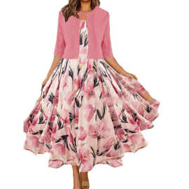 秋冬新款跨境外贸欧美女装亚马逊大摆连衣裙加小外套两件套