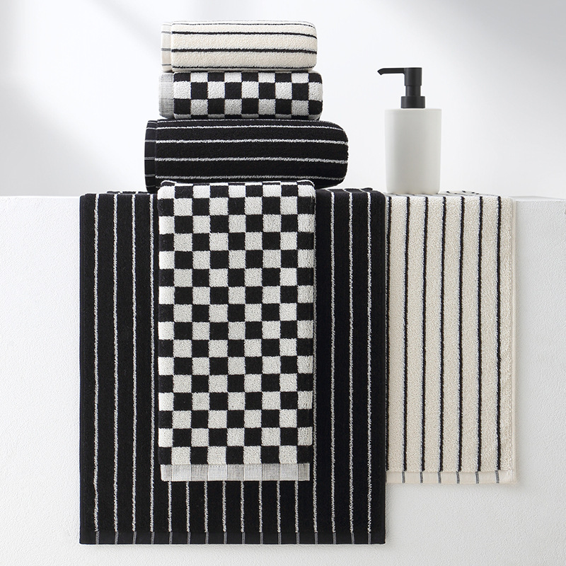 Black and white fine striped towel, checkerboard pattern towel, best-selling cross-border pure cotton towel, soft household towel 34*74