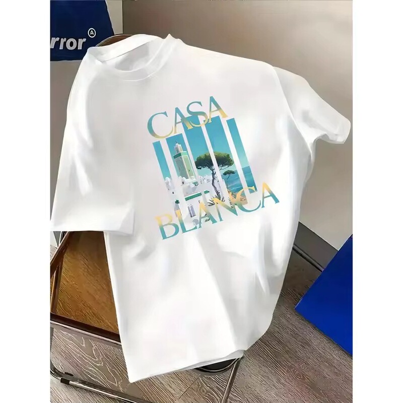 Short-Sleeved Shirt with Iconic Casablanca Movie Print, New Breathable Style Round-Neck Shirt