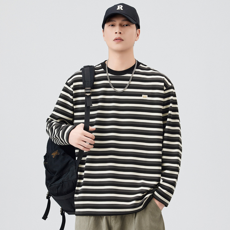 High-End American Retro Patchwork Striped Crew Neck Long-Sleeve T-Shirt for Men, New Autumn Trendy Loose Base Shirt with a Sailor Style High-End American Retro Patchwork Striped Crew Neck Long-Sleeve T-Shirt for Men, New Autumn Trendy Loose Base Shirt with a Sailor Style