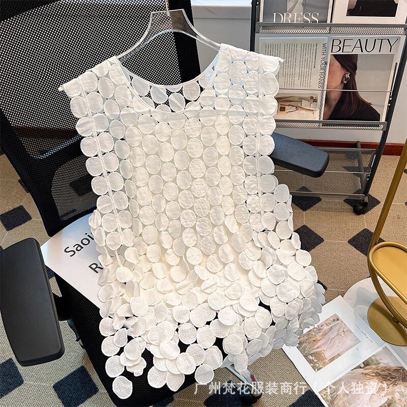 Plus-Size Polka Dot Hollow-Out Niche Design Tassel Vest T-Shirt Round Neck Pullover Sleeveless Top for Women
