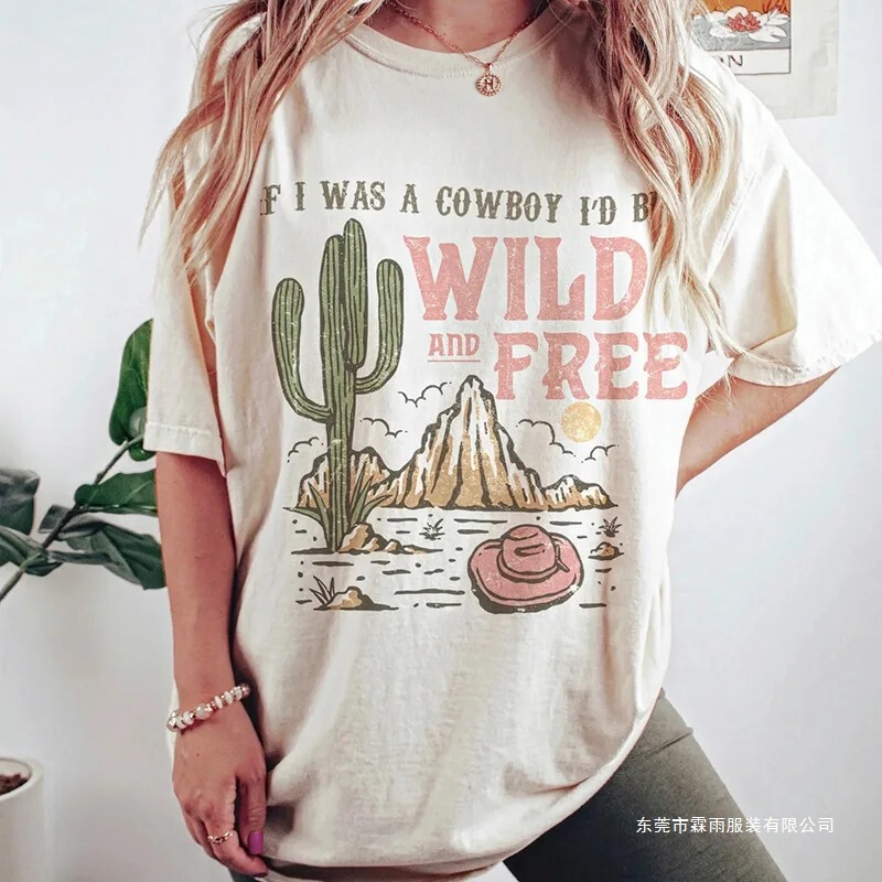Summer Women's Oversized Vintage Western T-Shirt Cowboy Wild Free Desert Cactus Graphic T-Shirt Cute