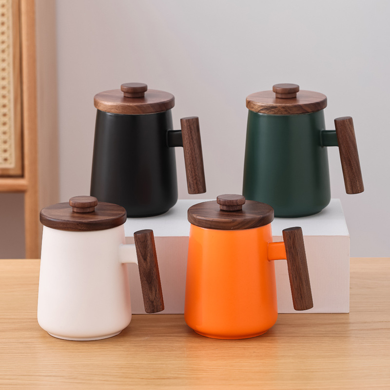 Mango de madera taza de cerámica taza de café taza de agua taza con cubierta de acero inoxidable logos grabados