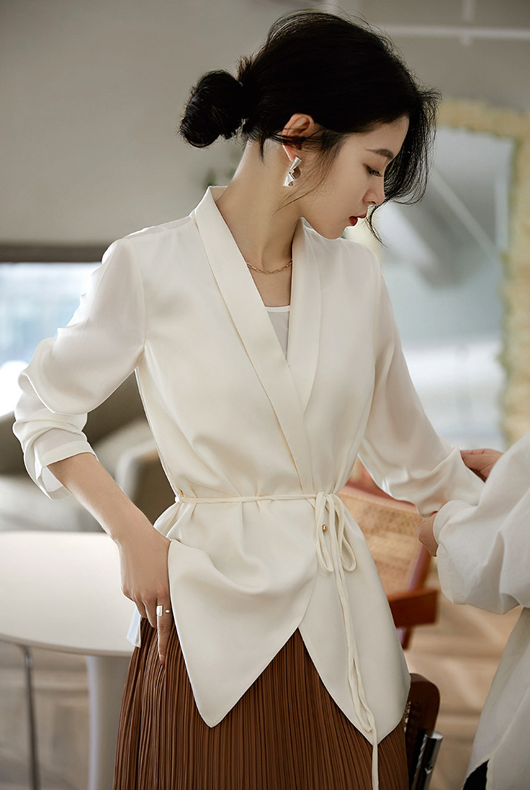 Áo sơ mi blazer satin Pháp dáng rộng tay dài đa năng — đen chi tiết 3