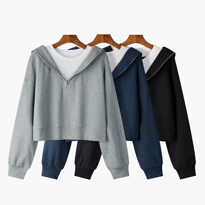 European and American Fake Two-piece Short Sweatshirt Women's Spring and Autumn Thin Korean-style Loose Navy Collar Long-sleeved Top Jacket for Hair