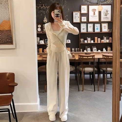 Ladies' Autumn Hooded Sweatshirt Wide Leg Pants Set of Two, Abdominal Covering