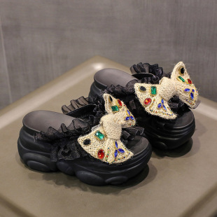 Bow-Knot Thick-Soled Slippers for Women's Summer Outer Wear Fashion 2020 New Internet Celebrity Super Popular Platform Sandals with Rhinestone Inner Heightening Sandals