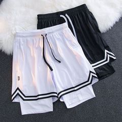 ハンサムなアメリカンボールパンツフェイクツーピースメッシュ膝丈二層ショーツメンズバスケットボールトレーニングランニングフィットネススポーツパンツ