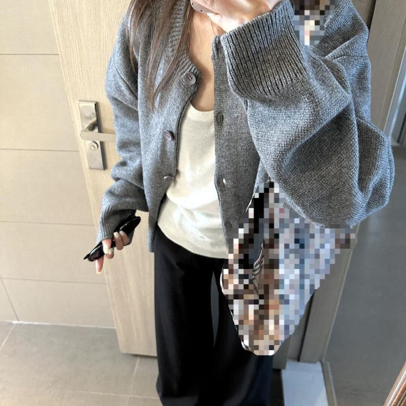 韩系慵懒灰色毛衣外套女秋冬新款宽松慵懒松弛感宽松软糯针织开衫|undefined