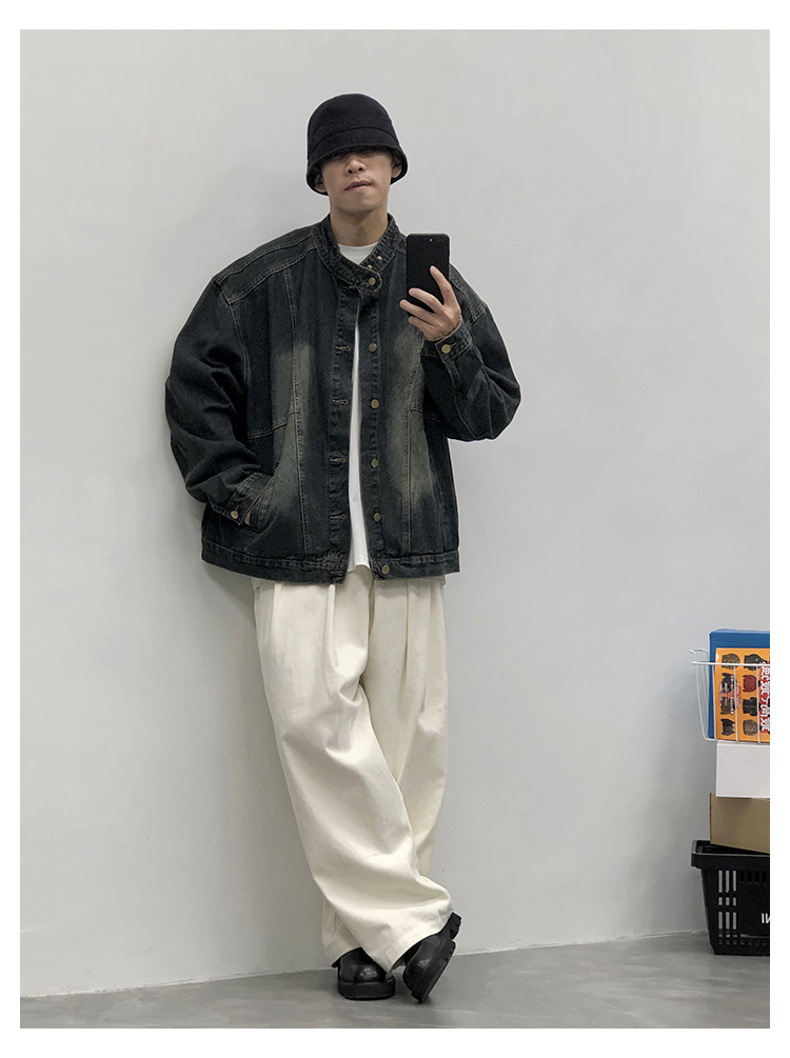 Retro Denim Jacket For Men Washed Ripped Stand-up Collar Style_voghion.com