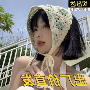 Hollow Spring and Autumn Flowers Fashion Korean Style Knitted Triangle Sweet Cute Crochet Girl's Headscarf Hair Band Fashion Hair Band