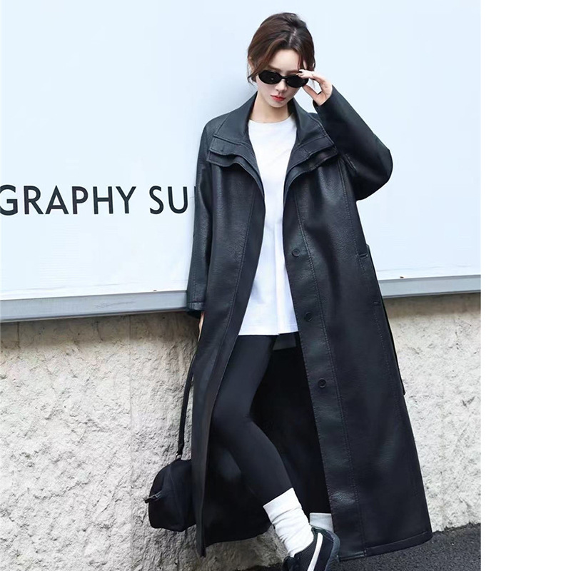 高级感立领pu皮衣外套长款女2025秋季气质系带复古过膝风衣大衣潮|undefined