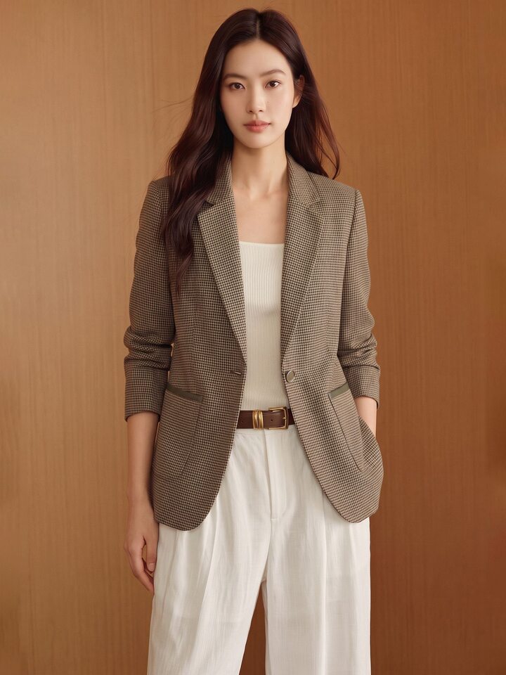 Áo vest nữ dáng trung dài họa tiết kẻ ô, tay dài cổ vest một hàng khuy — Xanh lá cây nhạtcolor