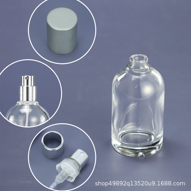 Botella de perfume vacía de vidrio transparente con pulverizador de presión de 50 ml, botella de vidrio recargable para perfume.