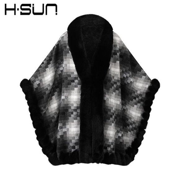 Capa tipo chal de piel sintética para mujer, estilo europeo y americano, para invierno cálido 2023, con cuello de piel sintética de conejo. image 8