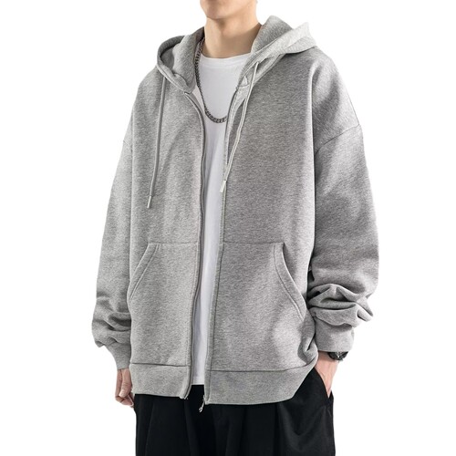 Heavyweight open jacket men's spring and autumn new style sports jacket men's plain color hooded casual loose top coat fashion