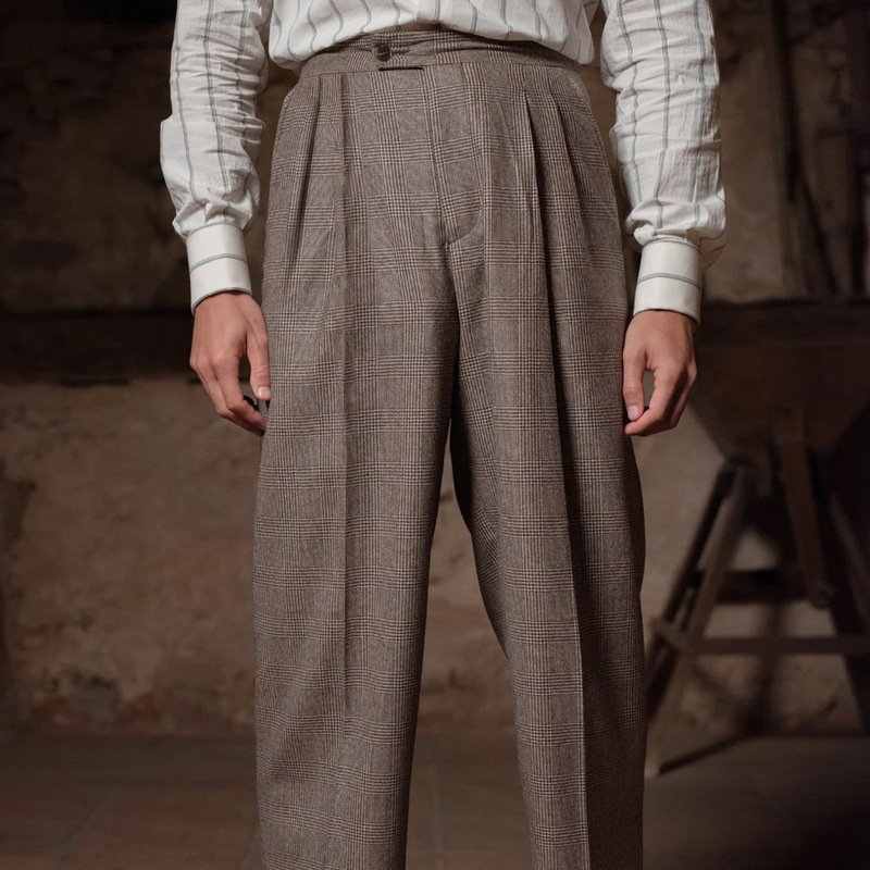 Quality Men's Wide-Leg Pants American Retro Brown Plaid Dress Pants Gentleman Casual Pants Loose Brown Plaid Men's Pants