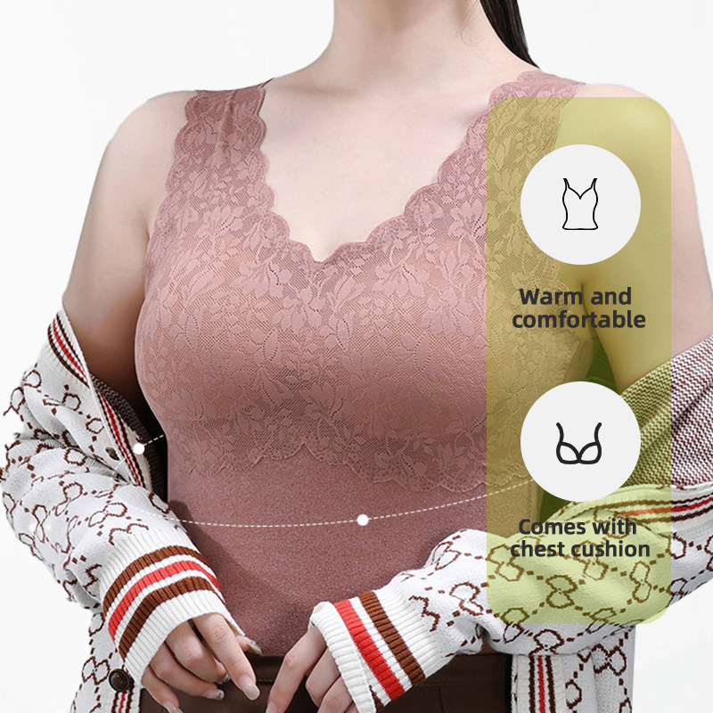 (2개) DERONG 고정 컵 가슴 패드 열 속옷 가을, 겨울 바닥 원활한 레이스 슬림 열 조끼 플러스 사이즈