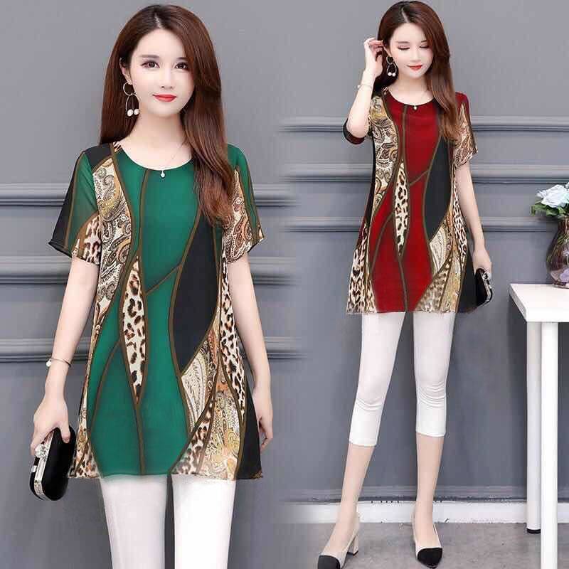 跨境妈妈装中长款短袖圆领时尚印花打底衫夏季韩版宽松大码上衣女