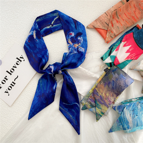 Oil painting art small ribbon small silk scarf women's spring and summer narrow fashion hairband hair tie bag decoration long scarf