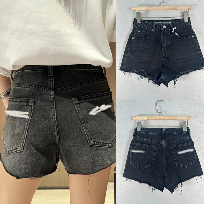 A.W Black Denim Shorts Women's Tassel Edge Slit High Waist Slim Shorts Women's 2024 Summer Style Factory Direct Sales