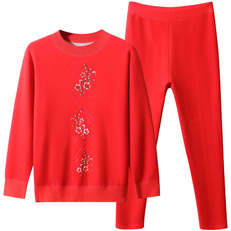 Liquidación: Conjunto de ropa interior térmica cálida para mujeres en su año zodiacal, forrado con forro polar y engrosado con rodilleras, camisetas y pantalones térmicos rojos para mujeres de mediana edad y mayores.