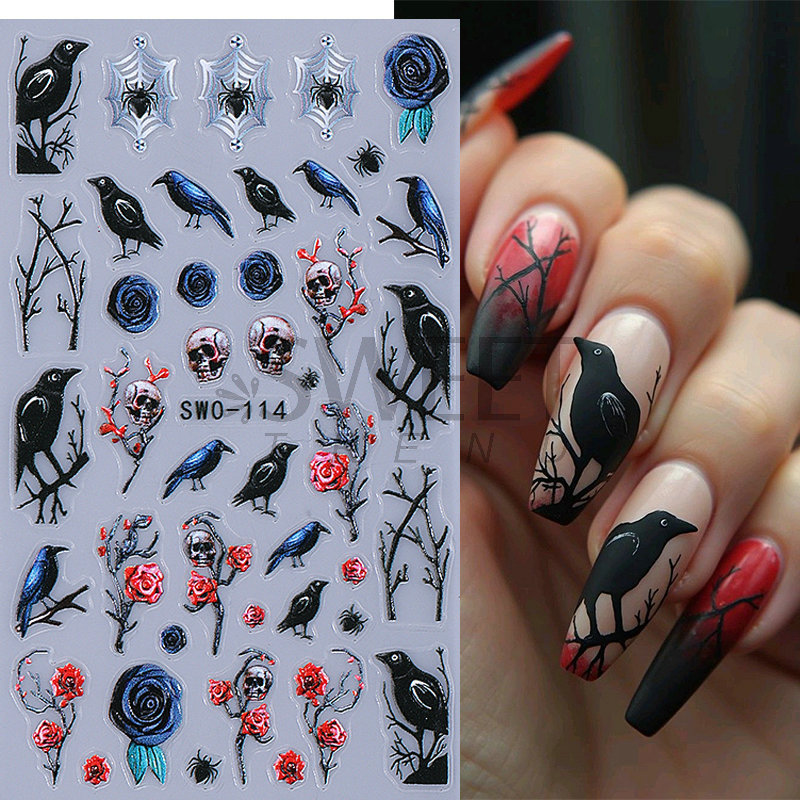 Nuevas pegatinas de uñas de Halloween al por mayor en relieve pájaro carpintero tridimensional rosa oscura calavera pegatinas de uñas transfronterizo