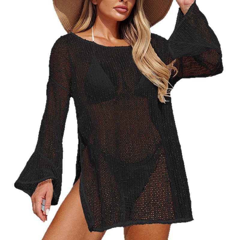 Sheer Knit Beach Cover-Up – Side Slit Breezy Bikini Top (S/M/L, White/Black/Blue)"_voghion.com