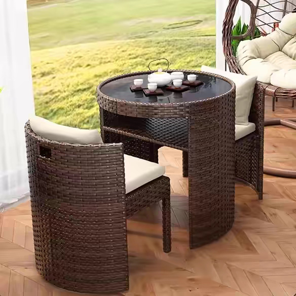 Balcony Tea Table and Chair Set, Foldable for Home Use in Small Apartments, Outdoor Rattan Chair Three-Piece Set, Leisure Coffee Table and Chairs