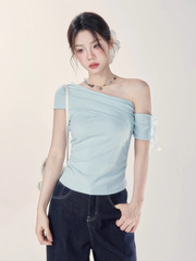 ワンショルダー半袖Tシャツレディース2025新作夏韓国風蝶ネクタイスリムフィット斜め肩トップ