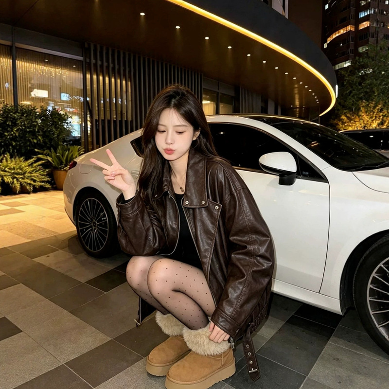 【Y*L Genuine Leather Jacket】Yang Slin's Celebrity Style Oil-Waxed Sheepskin Leather Jacket for Women, Pilot Jacket 【Y*L Genuine Leather Jacket】Yang Slin's Celebrity Style Oil-Waxed Sheepskin Leather Jacket for Women, Pilot Jacket