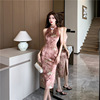 Chinese Vintage Printed Velvet Hollow Split Sleeveless Qipao Dress