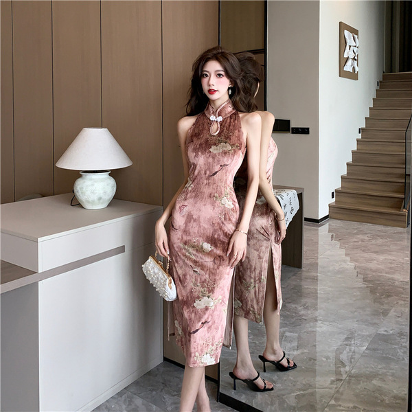 Chinese Vintage Printed Velvet Hollow Split Sleeveless Qipao Dress