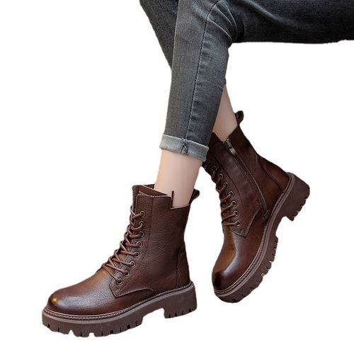 Women's Martin Boots  Autumn/Winter New Chunky Heel Medium Heel Short Boots Side Zip British Style Plush Motorbike Boots
