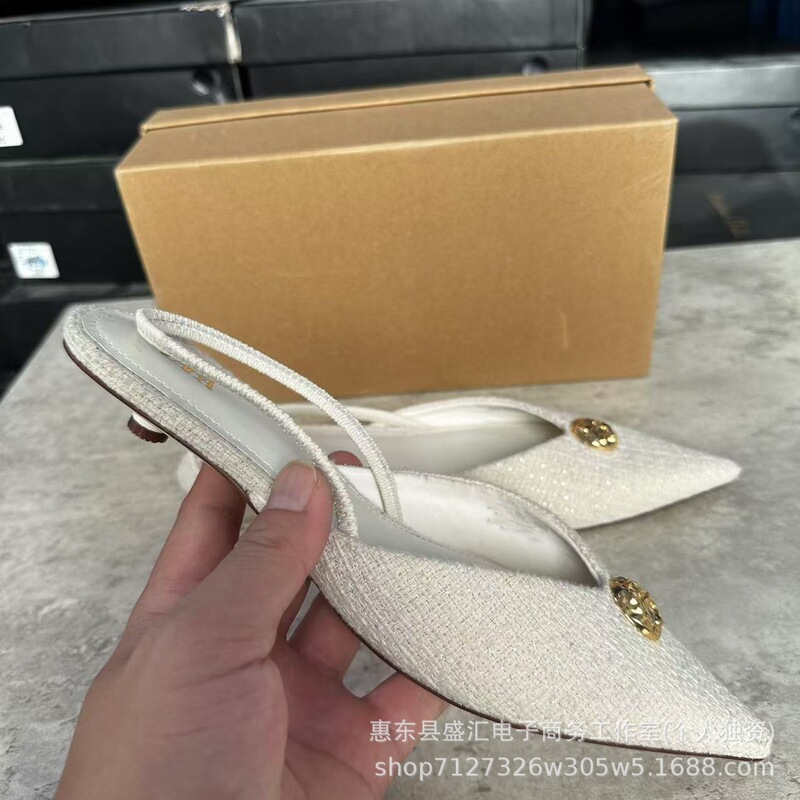 ZA2024 New Women's Shoes Chanel White Linen Fabric Metallic Paneled Pointed Kitten Heel Pumps