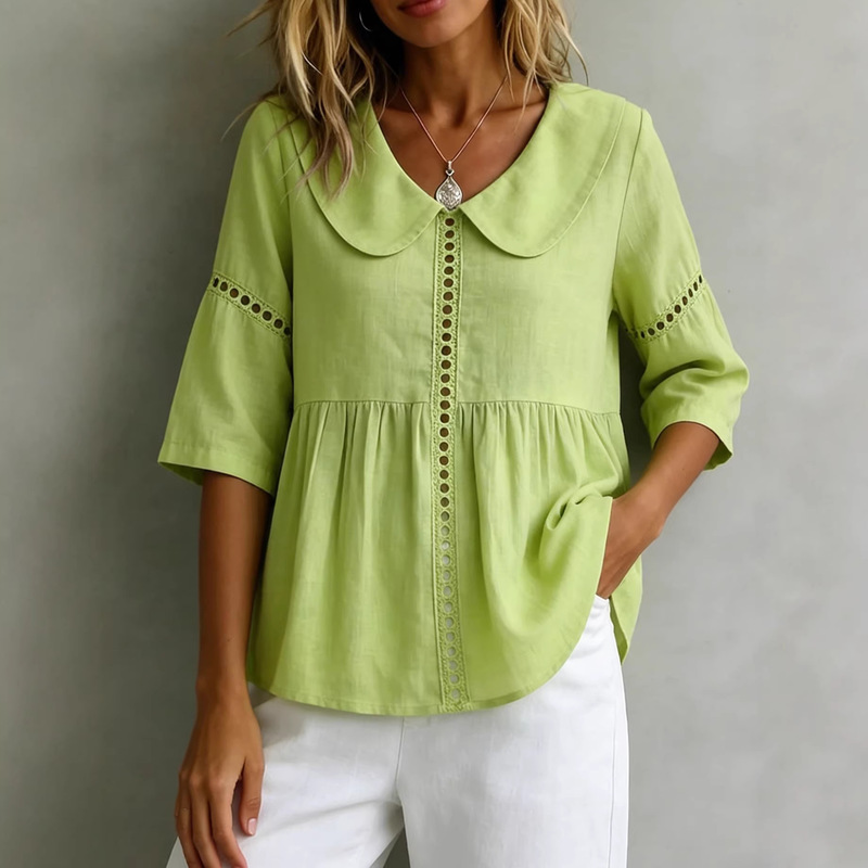 2026 New Cross-Border Amazon European and American Style Puff Sleeve Peter Pan Collar Solid Color Retro Hollow Lace Cotton Linen Shirt 2026 New Cross-Border Amazon European and American Style Puff Sleeve Peter Pan Collar Solid Color Retro Hollow Lace Cotton Linen Shirt
