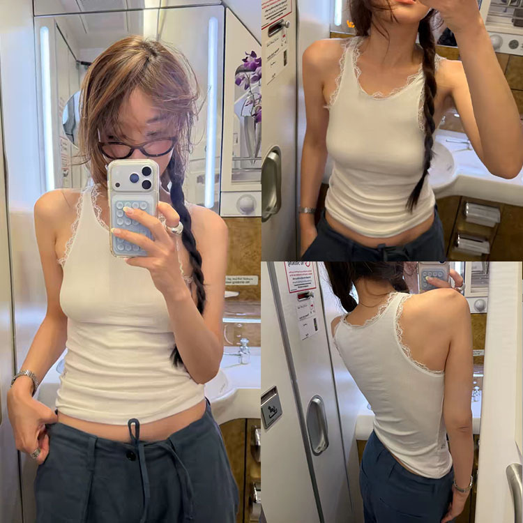 Fan Sun·Xh Korean-Style Lace Vest Dongdaemun Summer New Elegant Solid Color Slim-Fit Sleeveless Top for Women