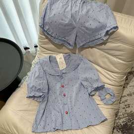 2024韩版甜美可爱大翻领棉宽松舒适夏外穿家居服套装配发箍