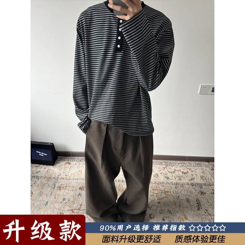 美式复古白条纹撞色拼接亨利领长袖t恤女早秋宽松休闲高街上衣潮|undefined