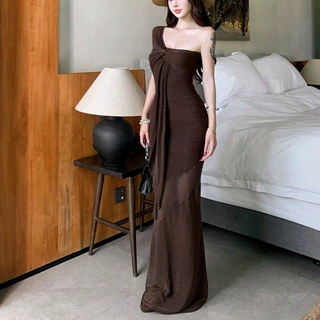 纯欲风扭结网纱拼接露肩连衣裙女夏季修身收腰包臀长裙子批发跨境
