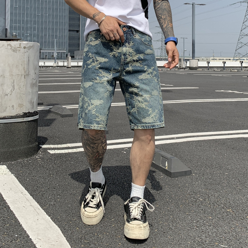 Limited Price 139. Summer Trendy Brand High-End Washed Jacquard Denim Shorts Men's Straight-Leg Mid-Length Pants Trendy Mid-Length Pants