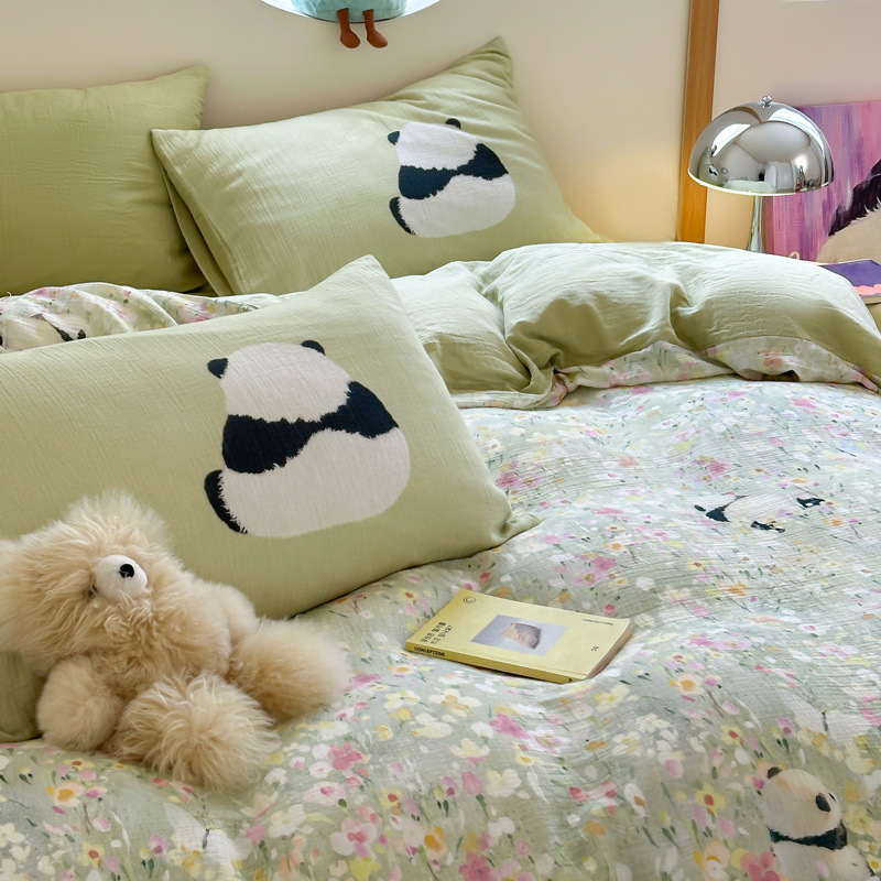 Youyixin juego de cuatro piezas de dibujos animados de doble capa de gasa arrugada impresión digital juego de tres piezas de algodón kit de algodón sábana edredón