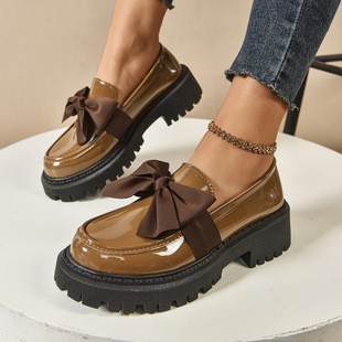 Cross-Border Bow Loafers for Women 2025 Export Korean Style Thick-Soled Medium-Heeled Lazy British Style Retro Small Leather Shoes for Women